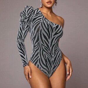 One Shoulder Allover Print Gigot Sleeve Glitter Bodysuit
